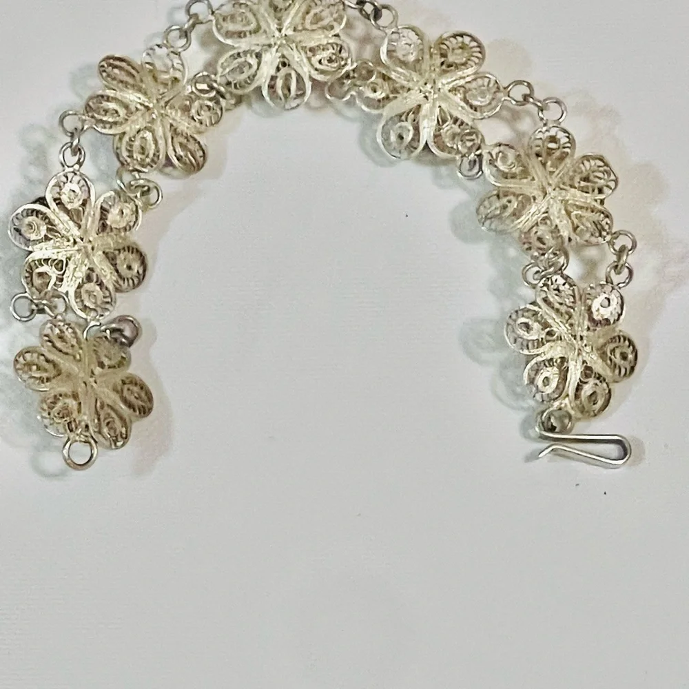 Antique? VTG? Sterling Silver Bracelet Filigree Flower Linked Sz 7 “ 18 G